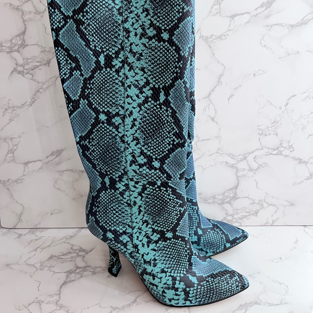 Gianni Bini Blue Snake Print Heeled Boots